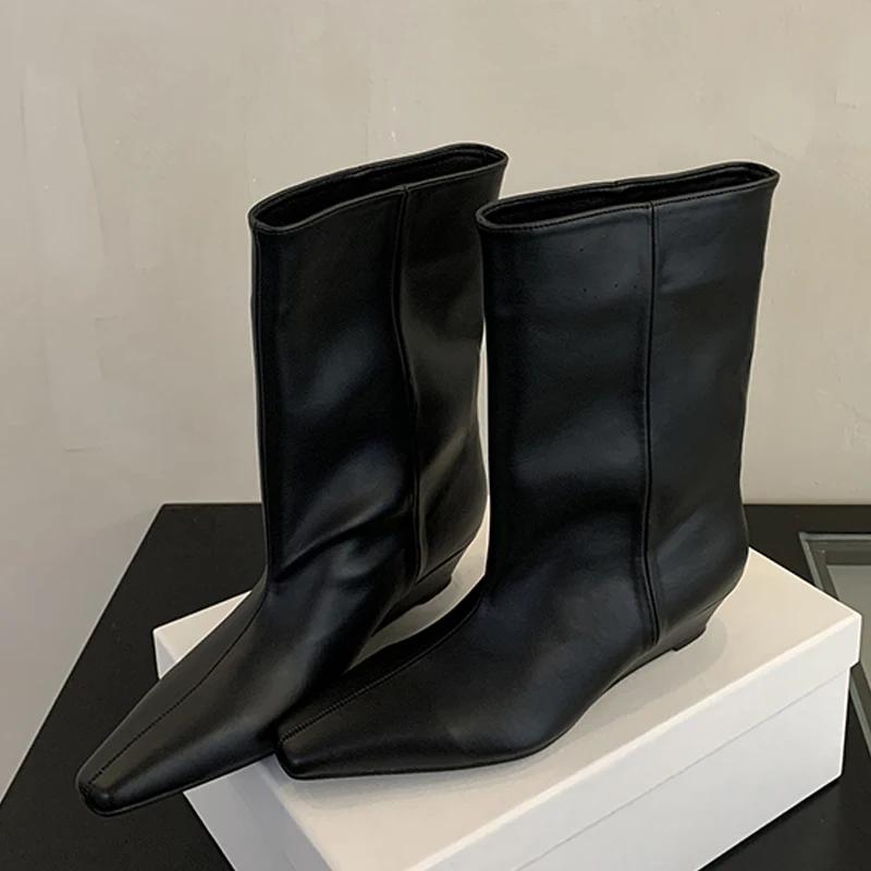 Eilyken 2025 Vintage Soft Leather Pointed Toe Women Ankle Boots Autumn Winter Wedges Heel Shoes Concise Ladies Modern Booties