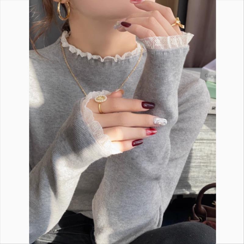 Elegant Fashion Lace Knitted Bottoming Shirt for Women Autumn and Winter Semi-turtleneck Pullover Sweaters Long Sleeve Slim Fit Clothes 2524