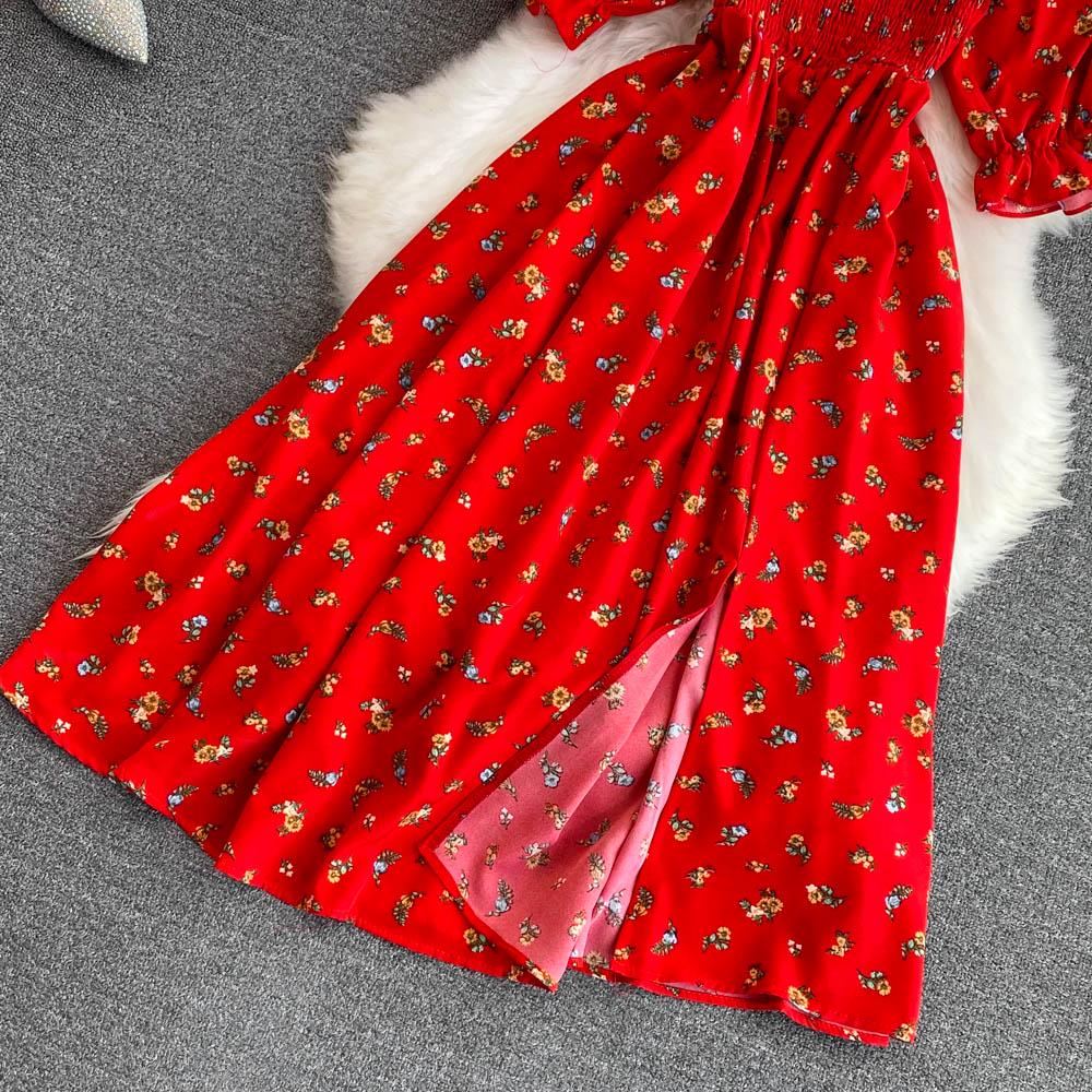 2022 Summer French Style Sweet Square Neck A-line Dress with Bubble Sleeves and Waist Slimming Slit