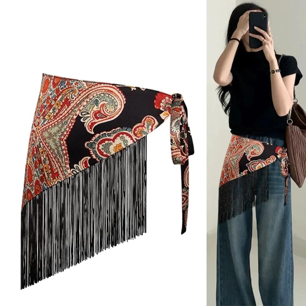 Fascia Triangolare Etnica Stile Cinese Stampa Ricamata Frangia Floreale Cintura Triangolare Decorazione Jeans Accessori Abbigliamento