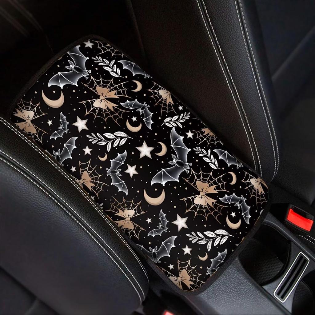 Dreaweet Stylish Spider Web Printed Black Car Center Console Armrest Cushion Cover Pad Soft Car Armrest Seat Box Cover Protector Auto Car Interior