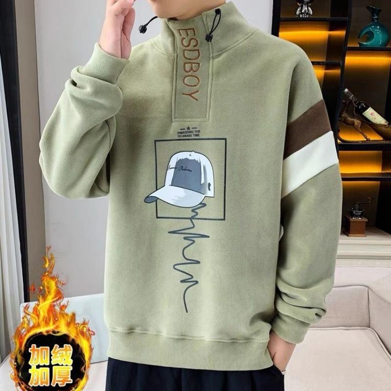 Fashionable Autumn Winter Turtleneck Sweatshirt for Boys Velvet Thickened Top Printed Casual Loose Pullover