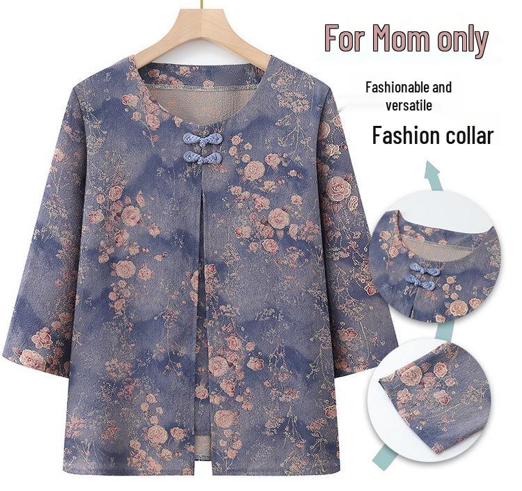 Chinese Style Plus Size Summer Blouse for Middle-Aged & Elderly Women: Mid-Sleeve & Two-Piece Look