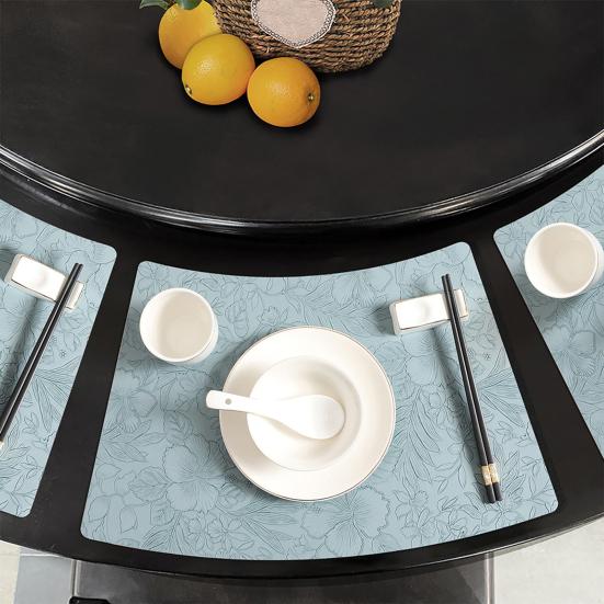 Artificial Leather Placemats Oil Resistant Chinese Style Engraved Flower Pattern Fan-Shaped Placemats Dining Table Decor