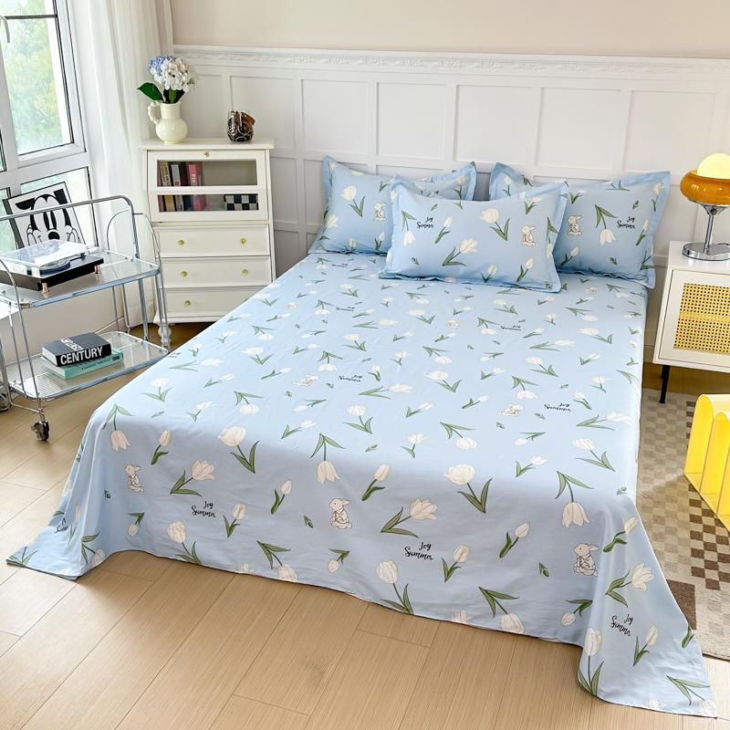 White Tulip Flower Flat Sheet Cotton Cartoon Bunny Blue Bed Sheet Set for Boys Girls Lovely Floral Rabbit Botanical Bed Cover