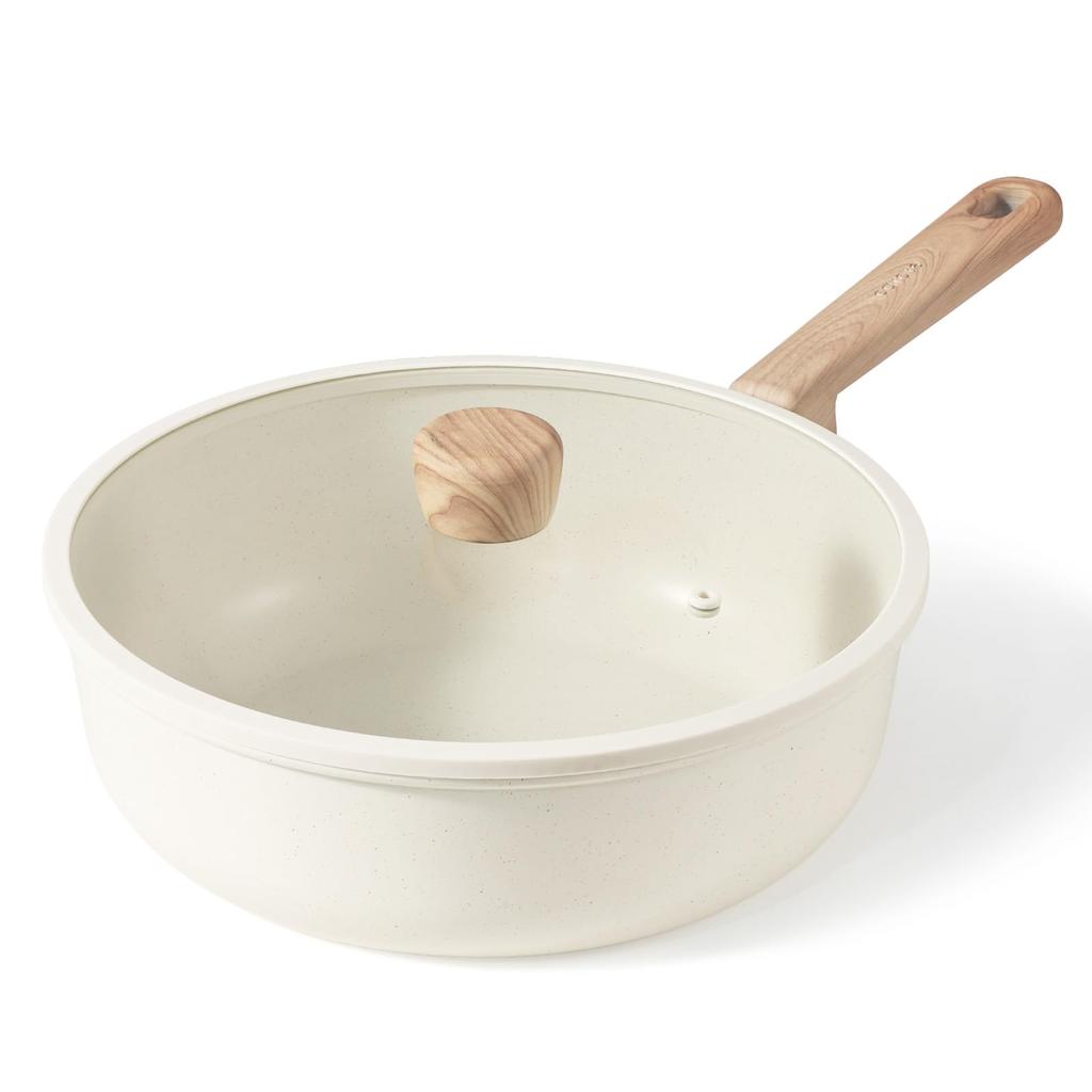 CAROTE 26cm Deep Frying Pan with Lid, Stir-fry Pan, IH Compatible, PFOAPFOS Free, Marble Coating, Smooth Non-stick, Easy to Clean, Perfect for Fried