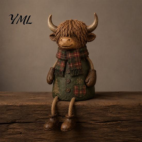 Warm Festive Room Accents Christmas Highland Cow Figurine, Cute Ornament with Retro Plaid Clothing for Farmhouse Holiday Charming Animal Art