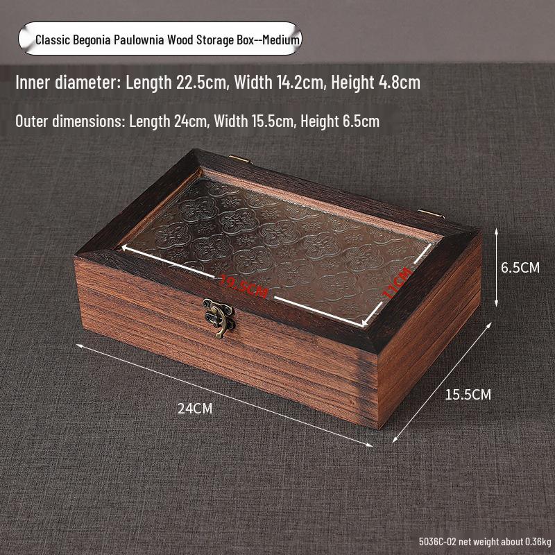 Retro Begonia Glass Lid Wooden Storage Box for Cosmetics, Snacks, Candy, and Documents - Dustproof and Multifunctional