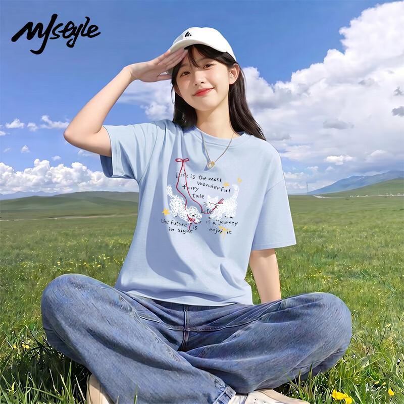 MJ STYLE Women's Loose Fit Cat & Dog Print T-Shirt
