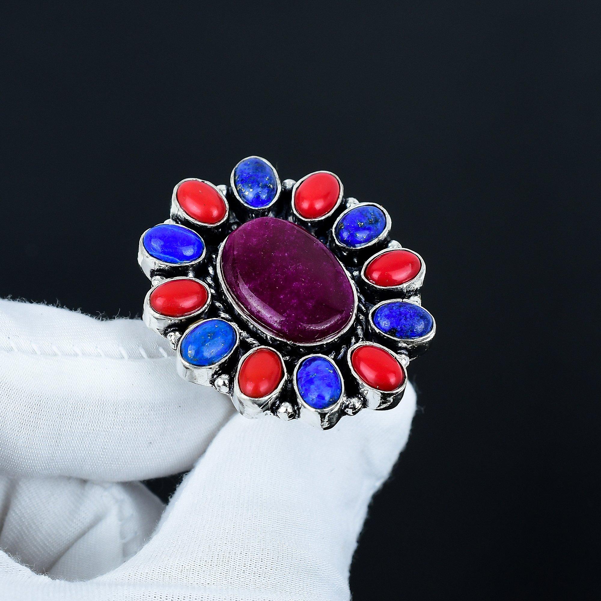 

Рубин, Красный Коралл, Кольцо с Драгоценным Камнем Лазурит, Кольцо из Стерлингового Серебра 925 пробы, Подарок для Нее, Овальный Камень, Элегантное Кольцо Ручной Работы, Серебряное Кольцо с Цветком US 10