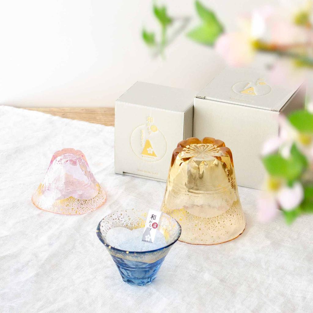 Toyo Sasaki Glass Wagarasu Warm Fujimi Sakura Sake Cup with Cherry Blossom and Gold Leaf Made in Sake Mount Fuji Perfect for Respect for the Aged