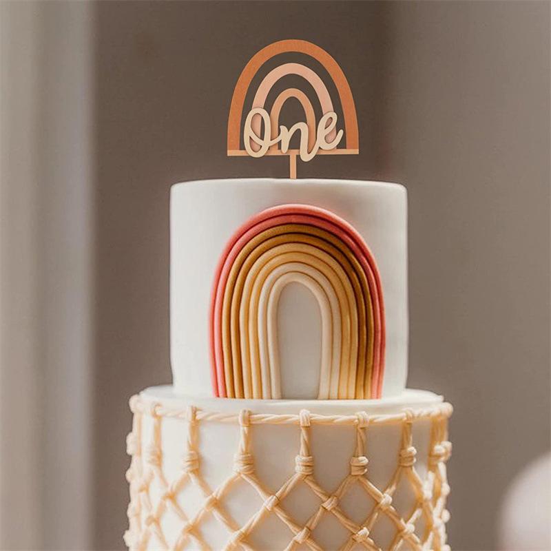 1pc Wooden One Birthday Boho Rainbow Style Cake Topper Boho Rainbow Party Decoration 1st First Birthday Decoration