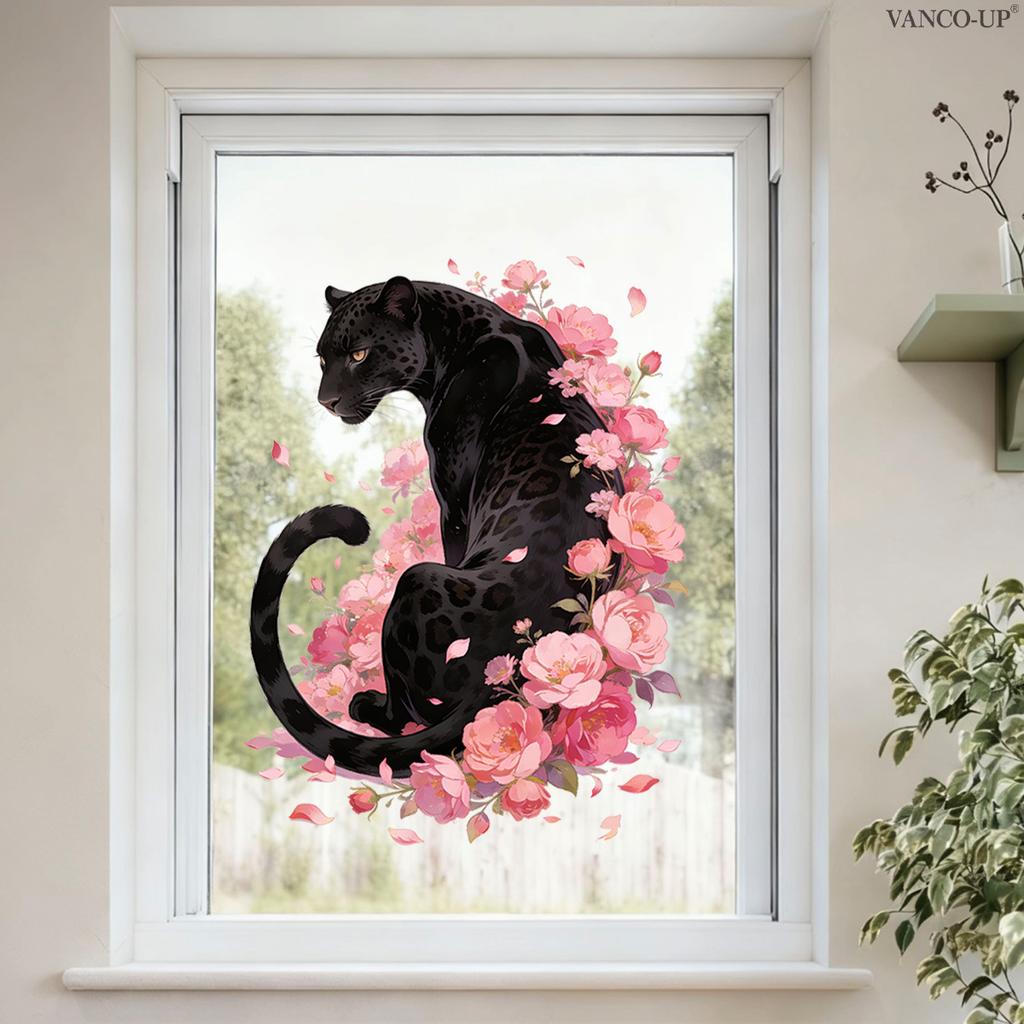 Rosa Blumige Gepard Tier Statisch Haftende Fensteraufkleber, Glasaufkleber für Schaufenster, Hausdekoration