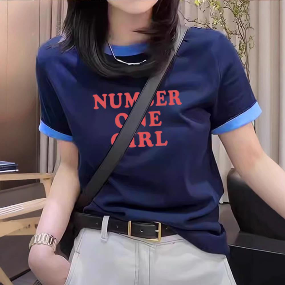 American Front Shoulder Simple Red Letter Printing Splicing Contrasting Color Short-sleeved T-shirt Women's Summer Versatile Bottoming Top