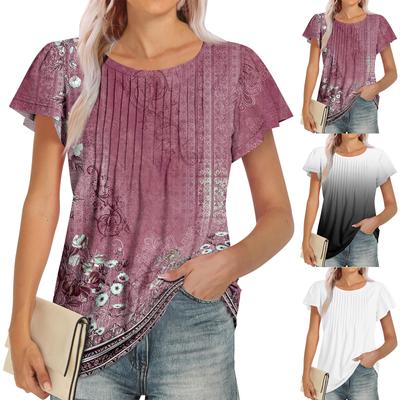 Womens Summer Tops Casual Ruffle Short Sleeve Crewneck Loose Pleated T Shirts