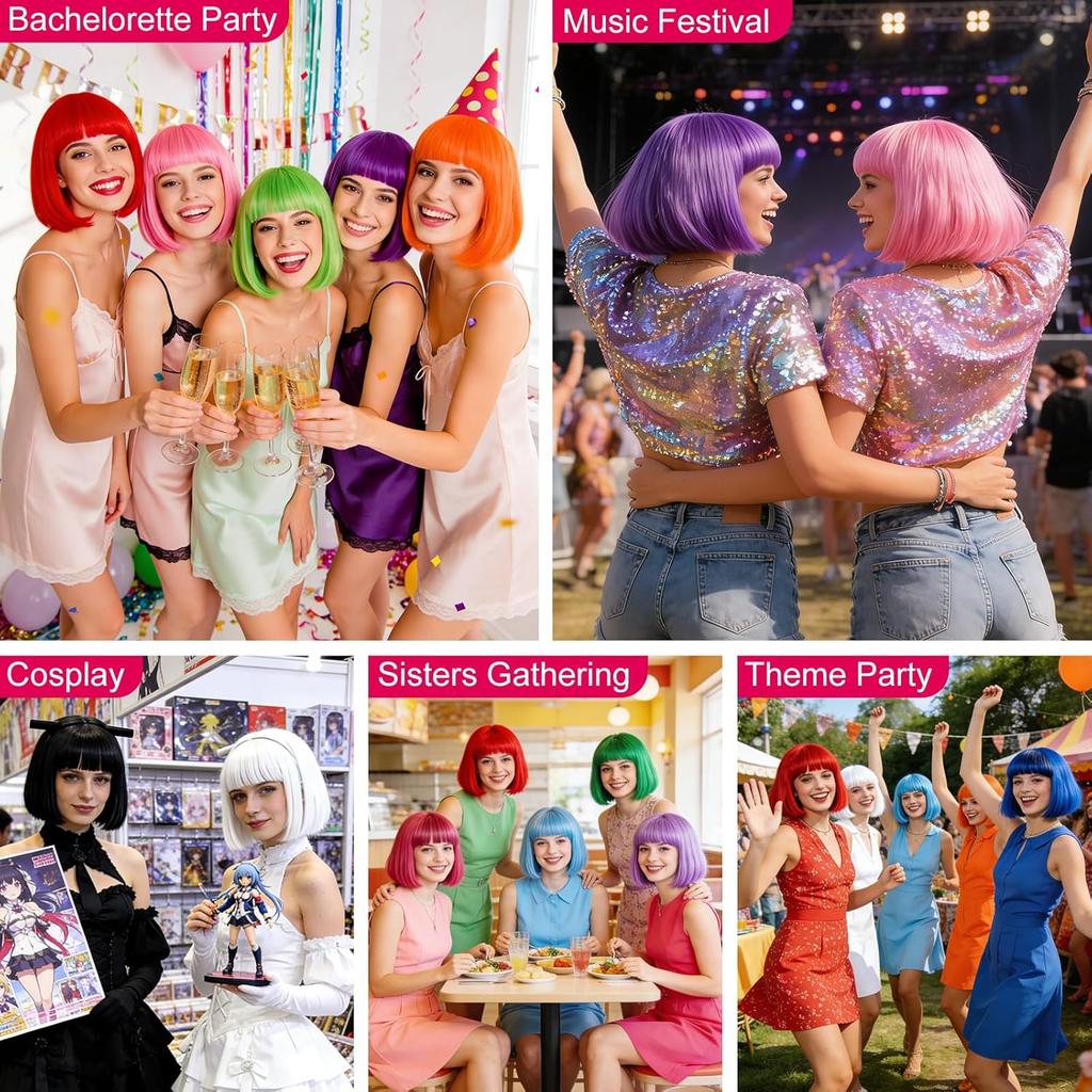 Colored Bob Synthetic Hair Wigs with Bangs for Women Halloween Costume Cosplay Party Use Black Green Purple Pink Blonde