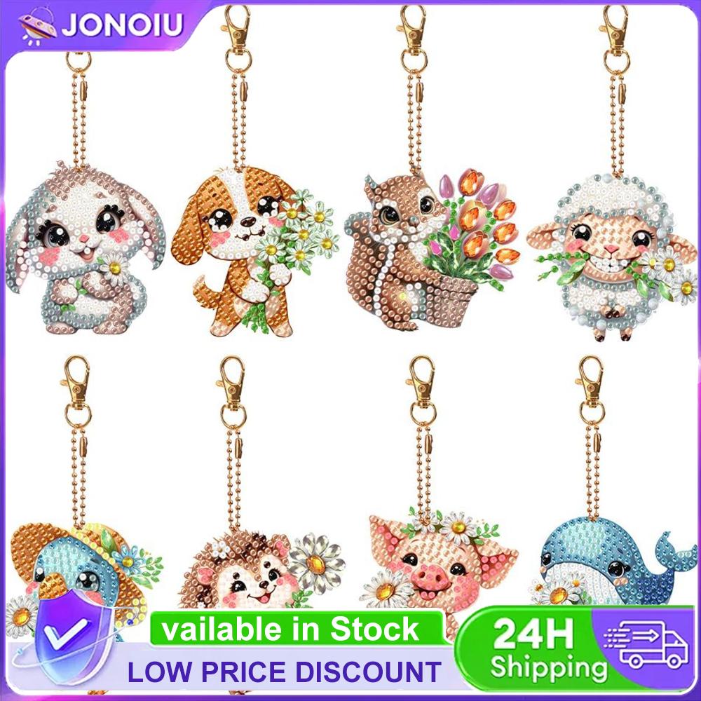 8Pcs Double Sided Spring Flower Animal Diamond Art Keyring Rhinestone Painting Keychain Pendant for Beginners Adults
