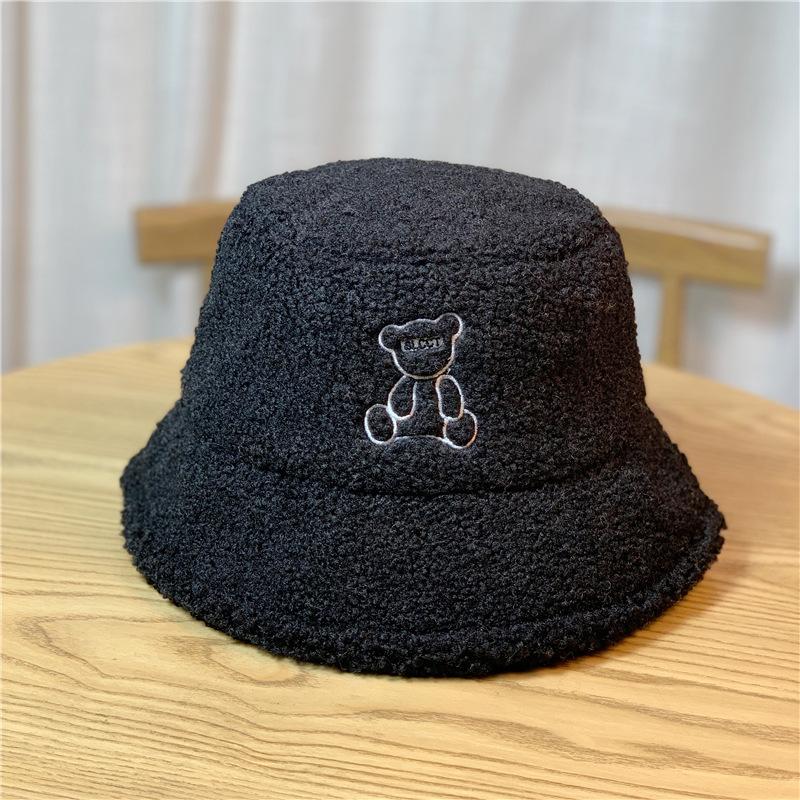 Cute Bear Embroidery Warm Lamb Wool Fisherman Hat Children Autumn and Winter Warm Basin Hat Bucket Hat