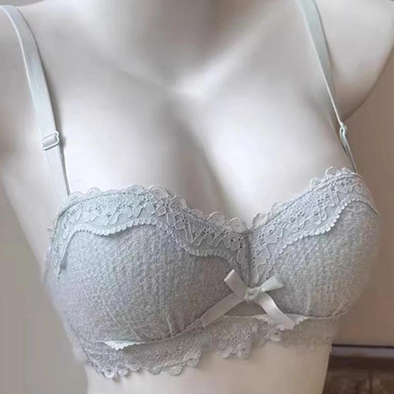 Pink Lace Wireless Bra with Bow Detail and Adjustable Straps S синий