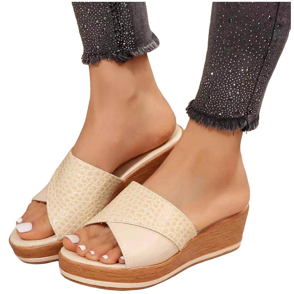 Large Size Stone Pattern Fish Mouth Thick Soled Slippers For Women Border Casual Outer Wear Wedge Heel Women S Shoes Sandals