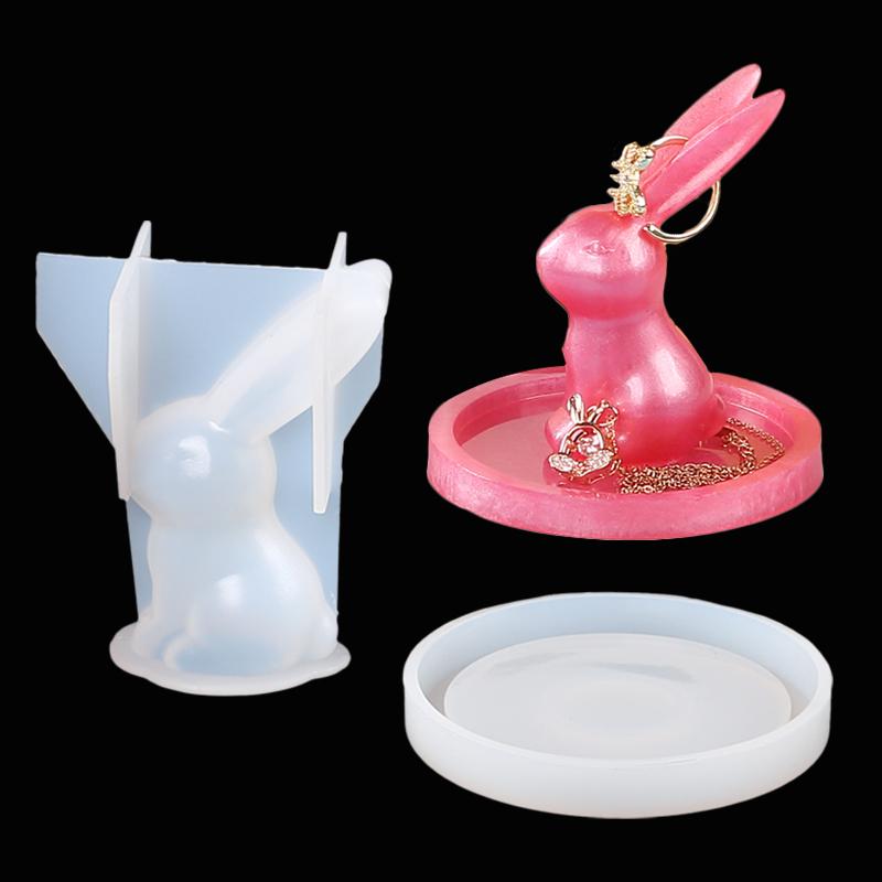 2Pcs 3D Bunny Ring Holder Silicone Epoxy Resin Molds Rabbit Jewelry Storage Display DIY Art Craft Ornament Casting Home Decor
