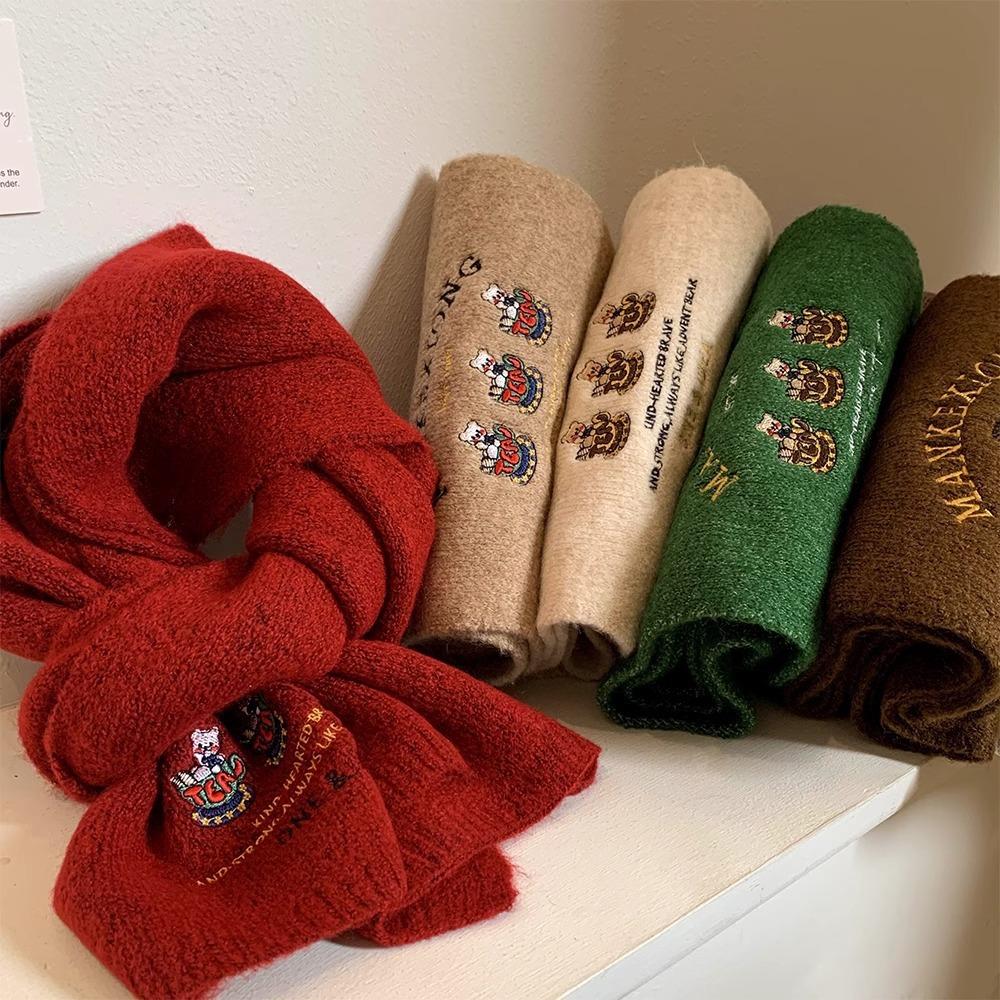 Süßer Bär Bestickter Wollschal für Damen Winter Hochwertig Japanisch All-Match Warm Gestrickter Wollschal für Studenten