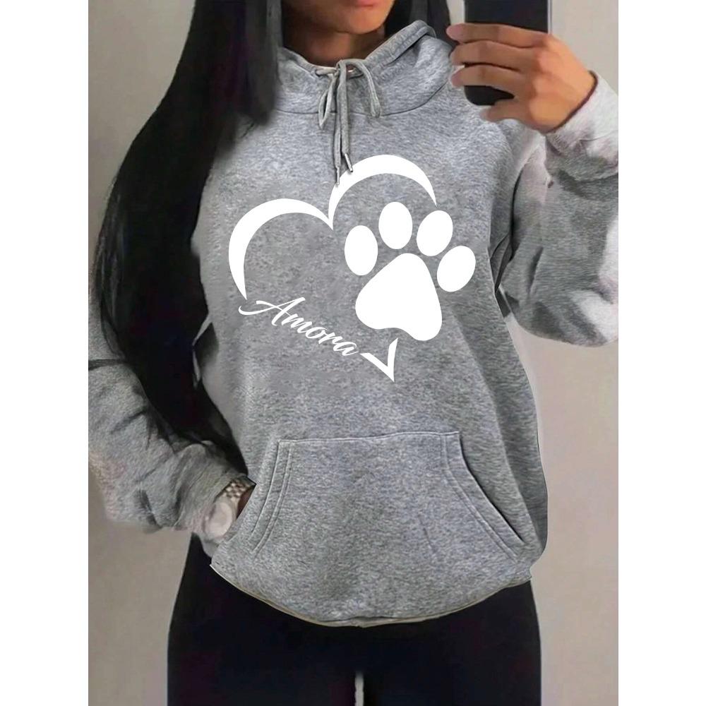 Love And Little Cat Foot Creative Print Women Hoody Fashion Autumn Sweatshirt Pocket Hoodie Sport Style Comfortable