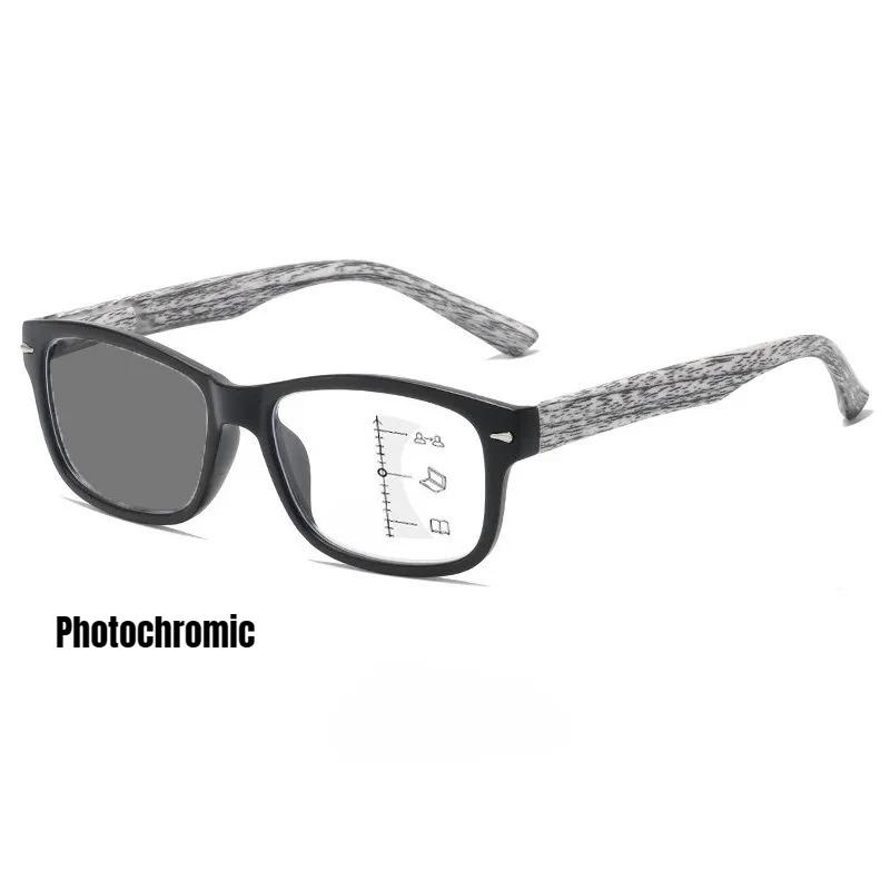 Men Women Fashion Photochromic Multifocal Reading Glasses Square Frame High Definition Anti-Blue Light Presbyopia Glasses +4.0
