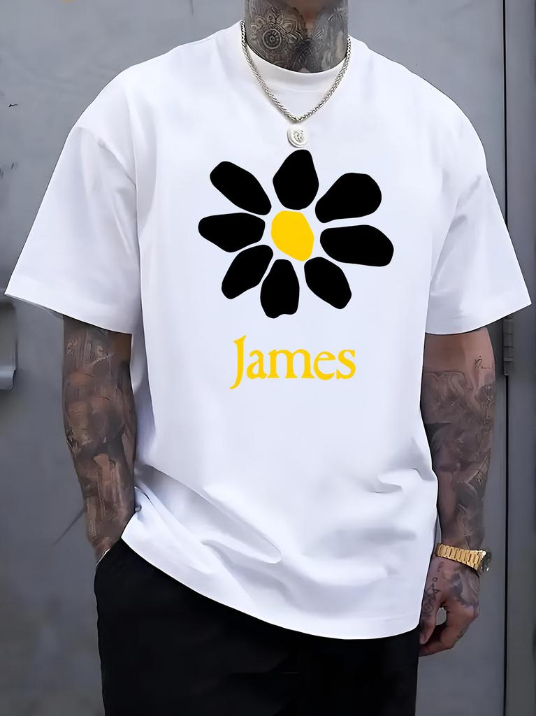 Unisexs Soft Cotton Tee Simple White Daisy Flower Custom Name James Print Casual Personalized Short Sleeve Gift Top For Daily Wear