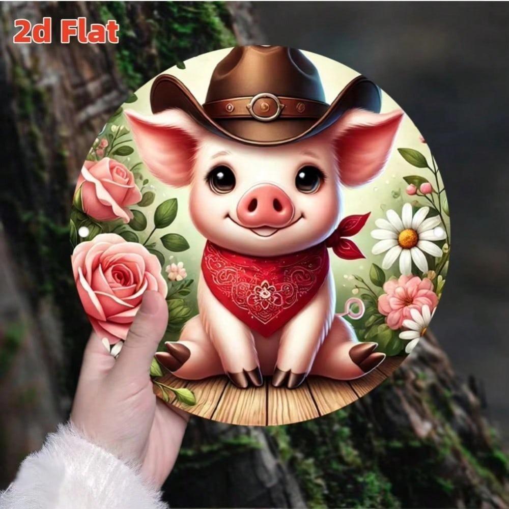 Vintage Cowboy Pig Metal Wall Art Round Rustic Decor