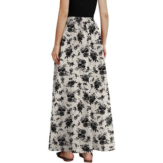 Maxi Skirt Adjustable Drawstring Elastic High Waist Long Skirt with Large Hem Floral Print Pockets Women Skirt