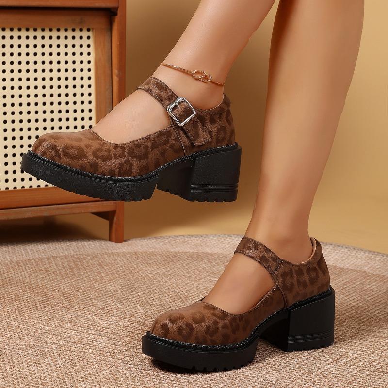 Leopard Women High Heels Loafers Shoes Fashion Platform Buckle Shoes 2025 Autumn New Dress Pumps Elegant Party Zapatillas Mujer