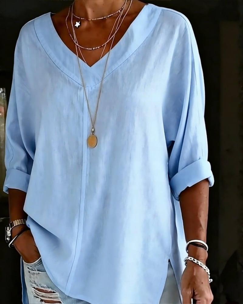 2026 Amazon European and American Cross-border Women's Clothing Street Fashion Solid Color V-neck Loose Top Long Sleeve Cotton and Linen Shirt
