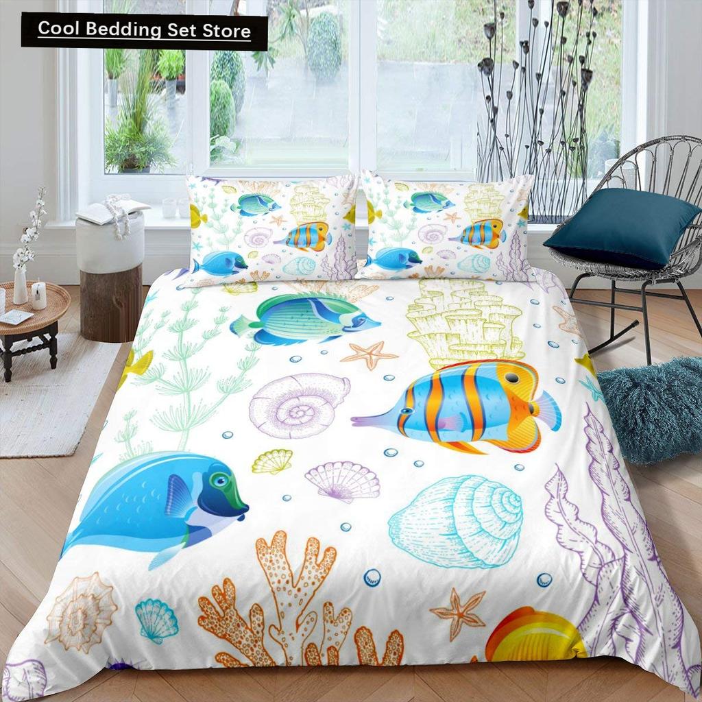 Kids Cartoon Ocean Animal King Queen Bedding Set Underwater World Duvet Cover Marine Life Quilt Cover Polyester Comforter Cover
