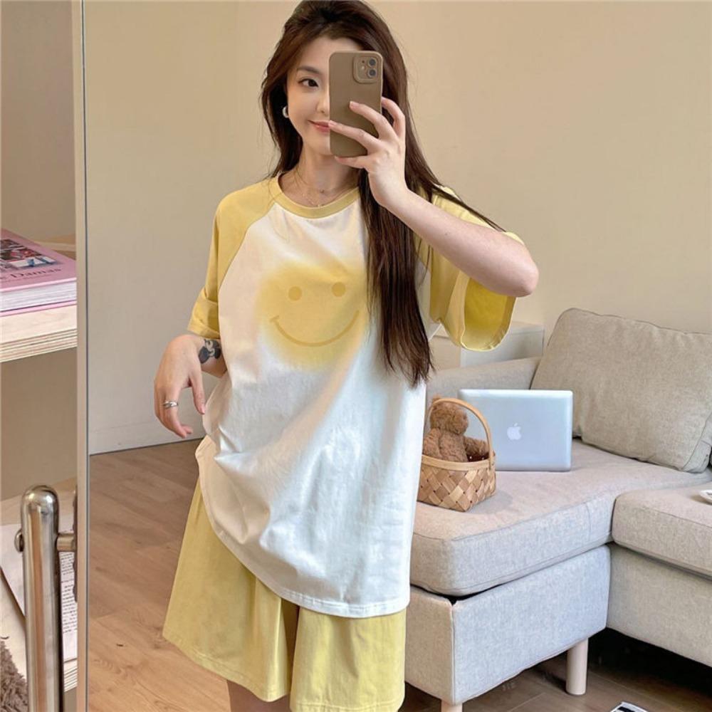 

Летняя пижама с коротким рукавом в стиле колор-блок для женщин, градиент, милое и симпатичное мультяшное студенческое тонкое домашнее костюмное платье M жёлтый