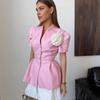 Moda Donna Europea e Americana Estate 2025 Top Suit Corto a Maniche Corte Floreale Fatto a Mano in Vita Stretta