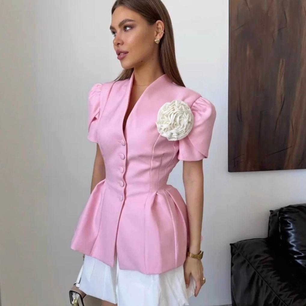 Moda Donna Europea e Americana Estate 2025 Top Suit Corto a Maniche Corte Floreale Fatto a Mano in Vita Stretta
