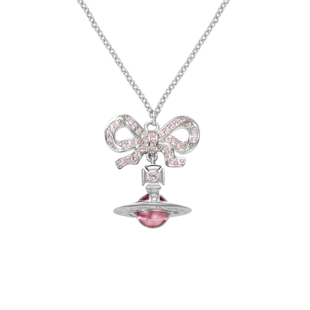 VIVIENNE WESTWOOD Octavie Bow Saturn Pendant Long Necklace Unisex Necklace Silver Pink 6302039G-01P356-SM