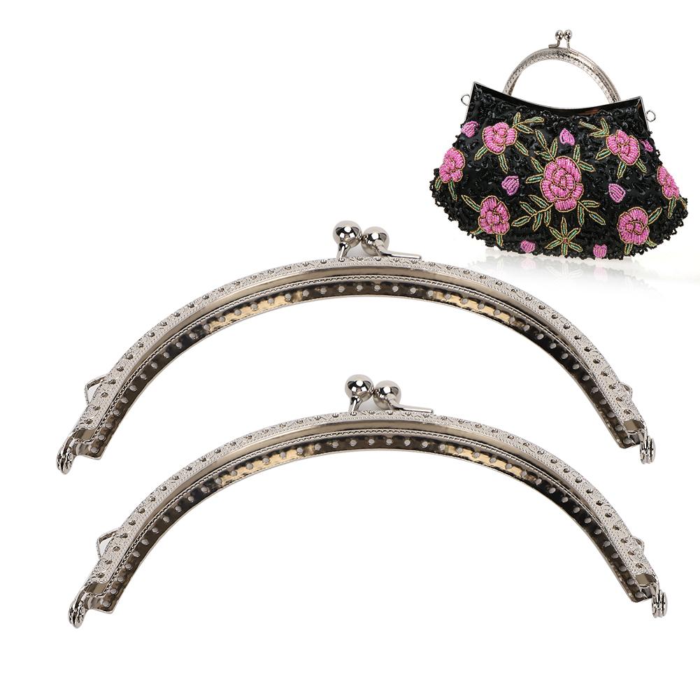 2Pcs Metal Purse Frame Silver Kiss Clasp Lock Retro Semicircular Embossed Handle 15cm