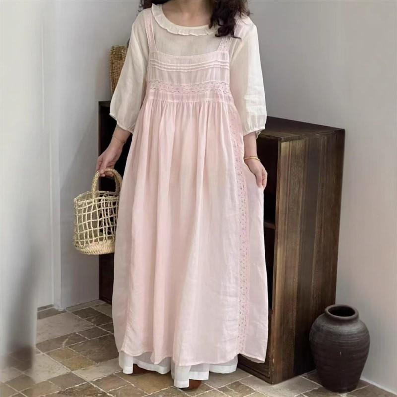 Johnature Sommer Damen Locker Vielseitig Pullover Seitenknopf Spitze Einsatz Schichtkleid Westenkleider