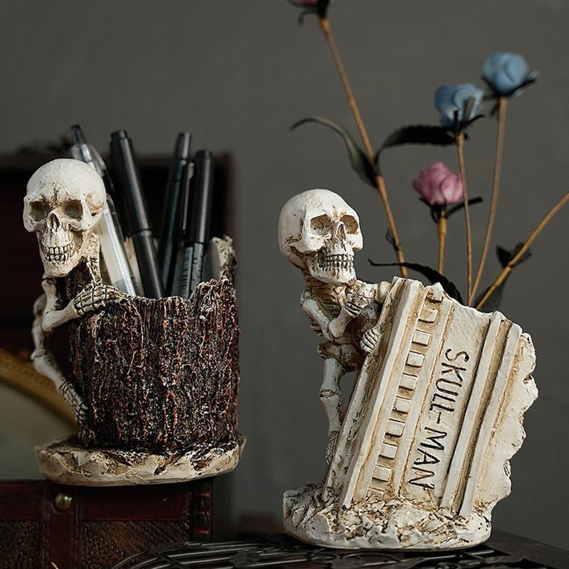Halloween Skull Pen Pencil Holder Skeleton Key Holder Makeup Brush Holder Home Office Desk Supplies Organizer Accessory Gifts