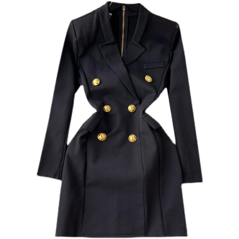 Designer Blazer Dress Women's Long Sleeve Double Breasted Metal Buttons Satin Notched Collar Dress