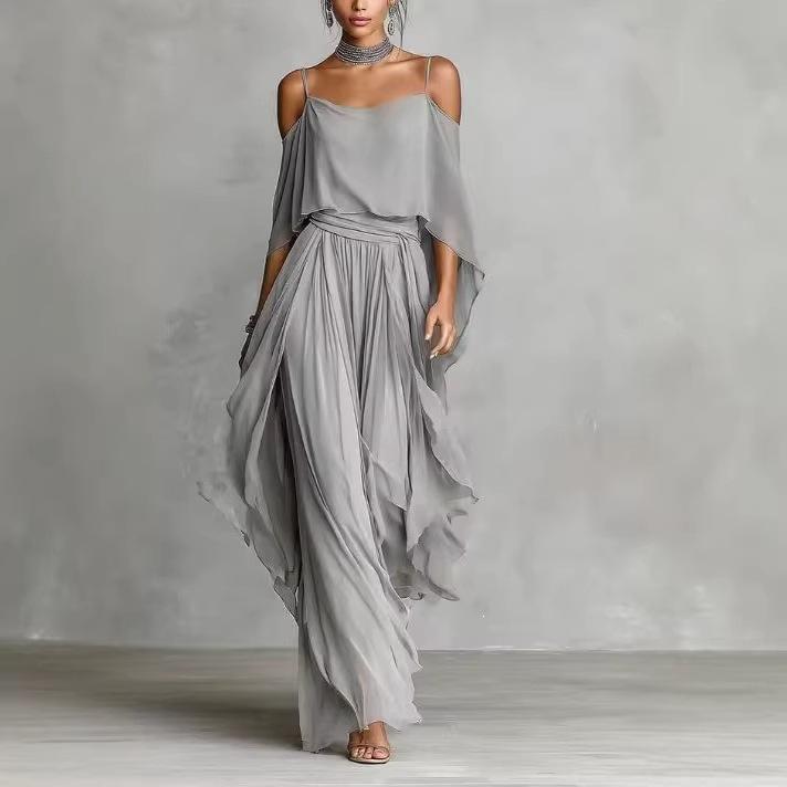 Dames Spaghetti Bandjes Koude Schouders Chiffon Tweedeel Outfit Gerimpelde Top Wijde Pijpen Broek Elegante Vakantie Combinatie Set