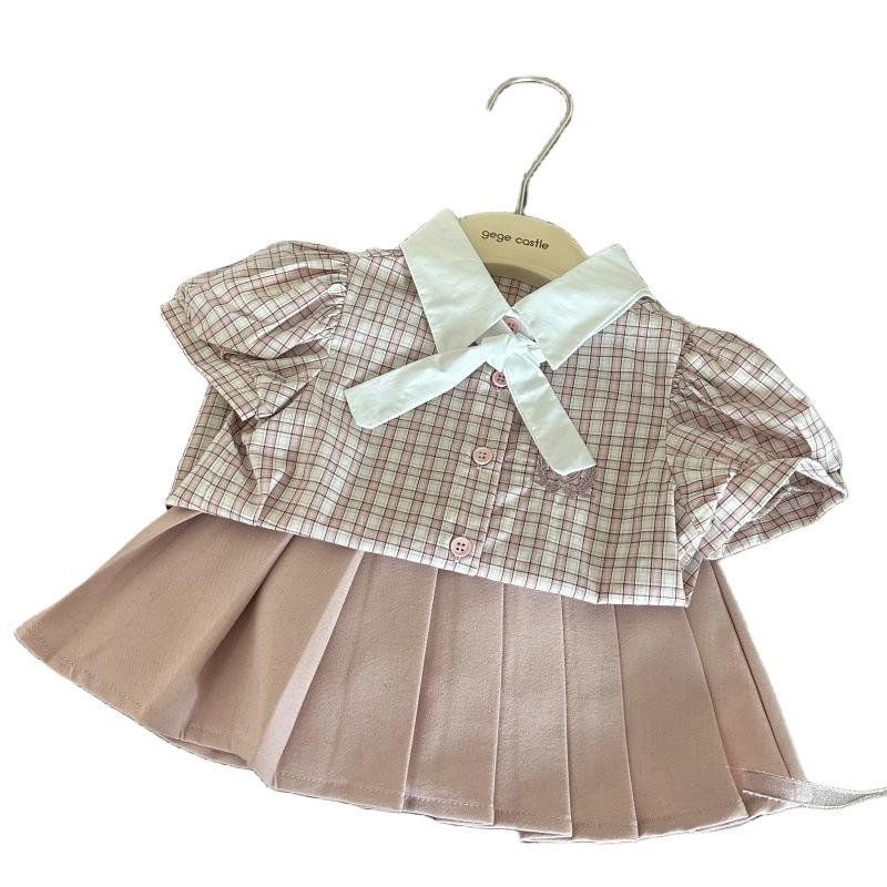 2025 Girls' Korean Academy Style Plaid Shirt & Pink Pleated Skort Set