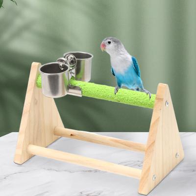 Bird Toy Firm Triangle Stand with Feeding Cup Wear-resistant Bite-resistant Playing And Resting Natural Wood Pet Parrot Training Stand Parakeet