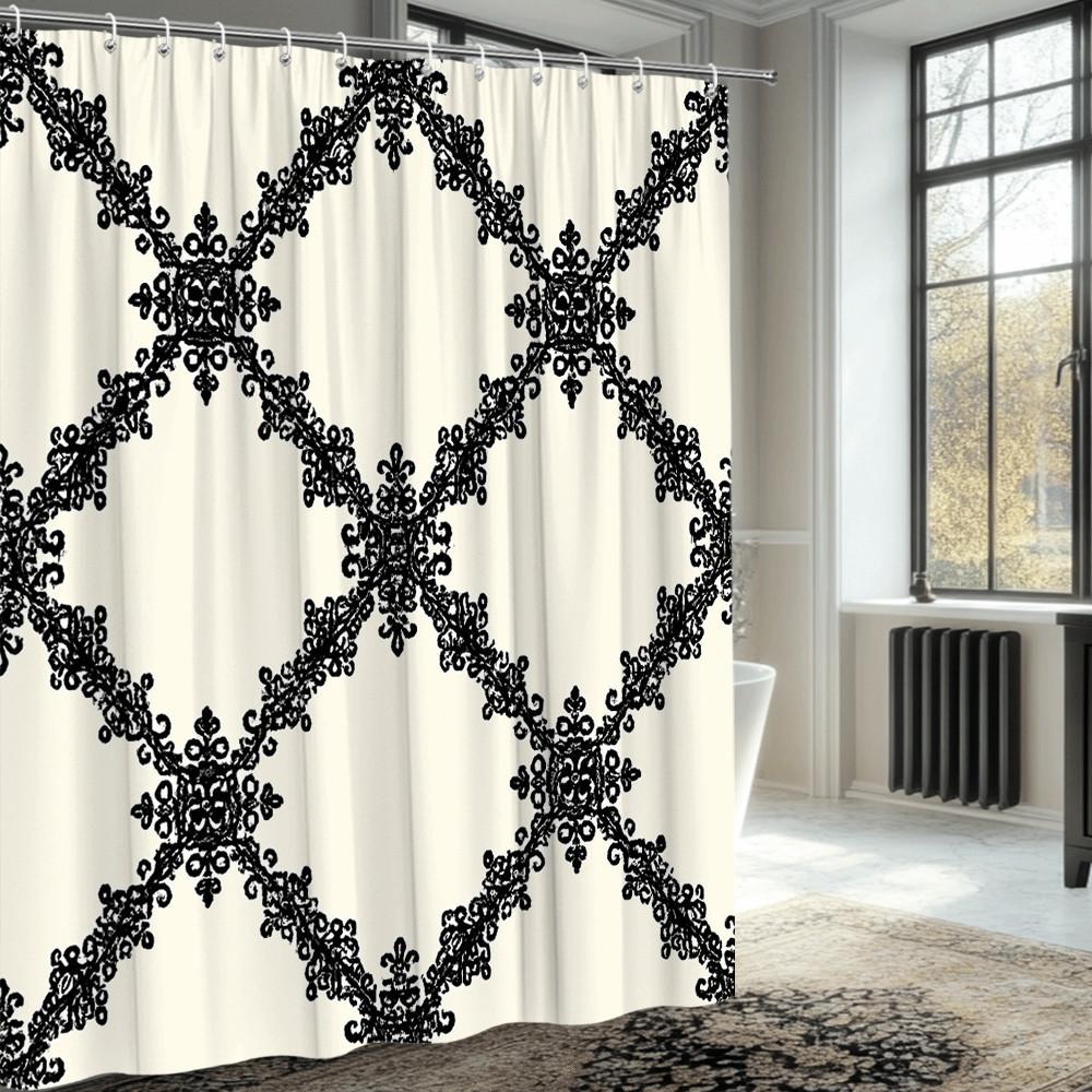Elegant Black And White Lace Pattern Shower Curtain Waterproof Mildew Resistant Fabric For Modern Bathroom Decor Non-Toxic