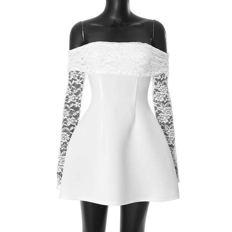 

Giyu Sexy Mini Short Dress Women Autumn Lace Petchwork Long Sleeve Off Shoulder Dress Backless Dress Elegant Club Party Robe L білий