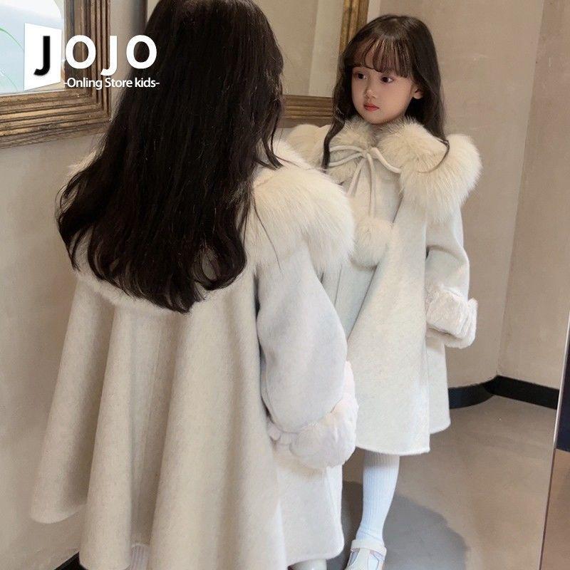 Dívčí vlněný flísový kabát s velkým kožešinovým límcem, korejský styl, silný, módní, na podzim/zimu 2024