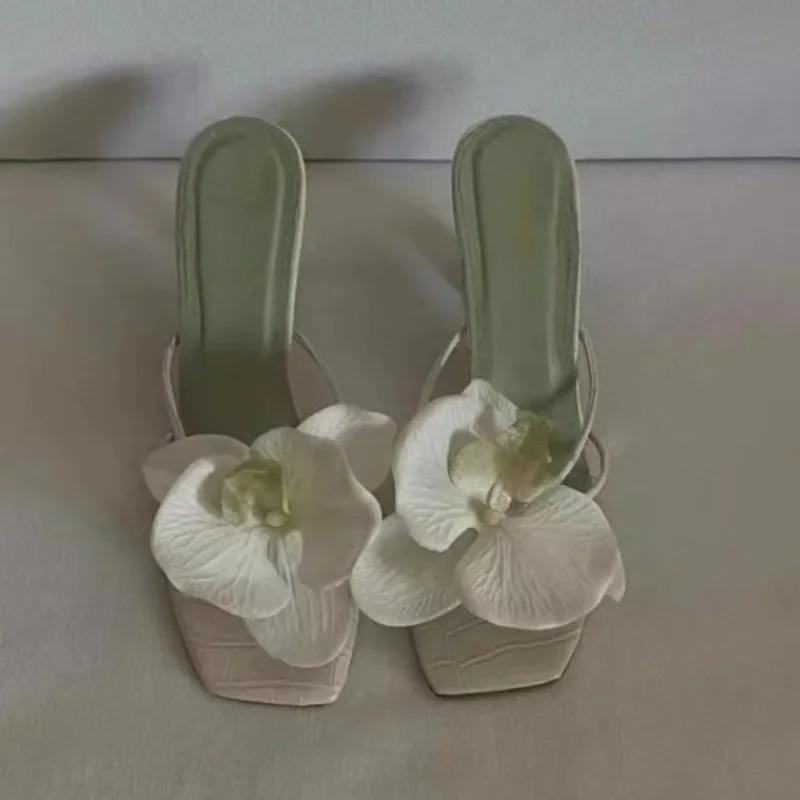 

Summer New Elegant Flower Women s Slippers Casual Fashion Outside Wear Square Toe Straight Strap High Heel Non-slip Sandals 40