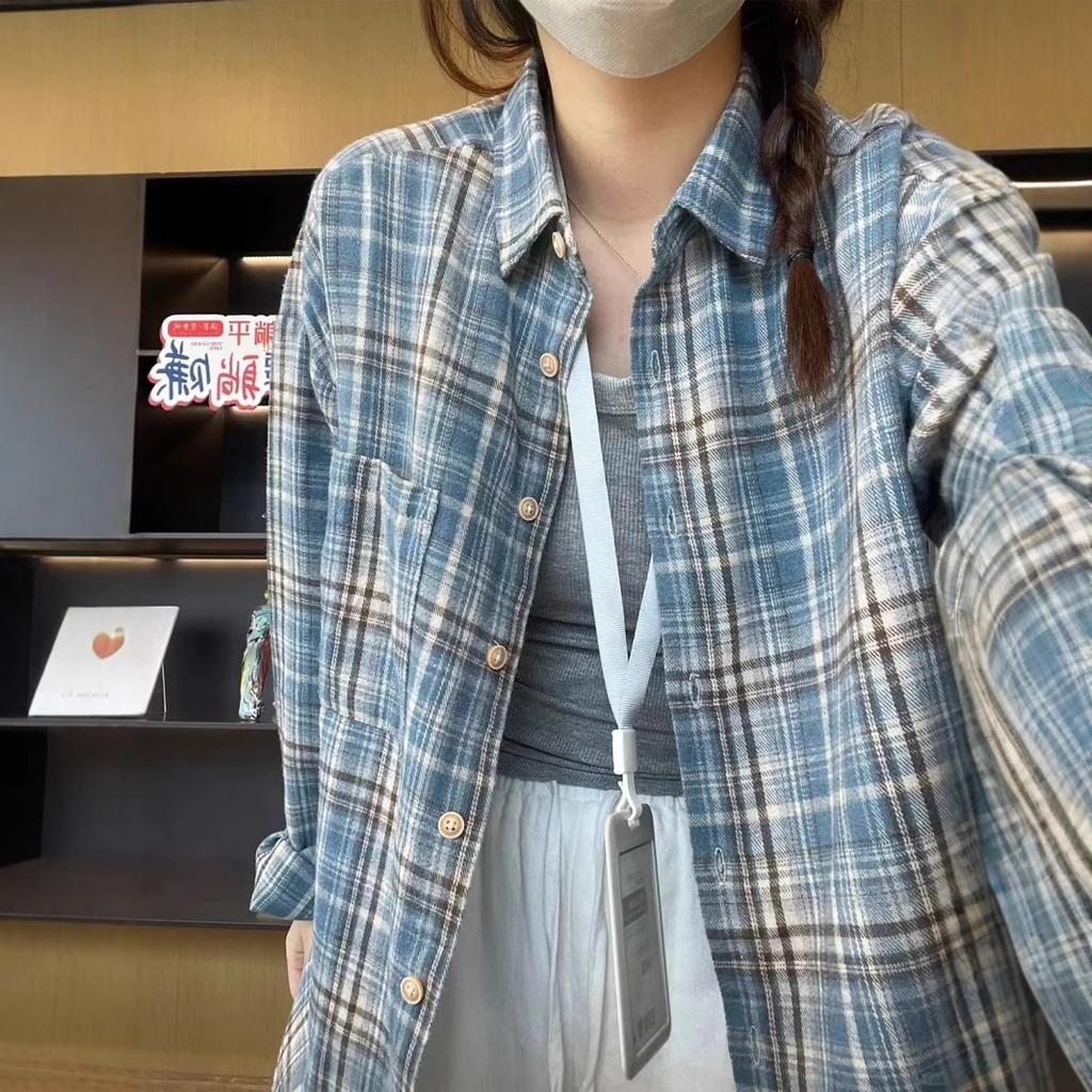 Blue Plaid Cotton Long-sleeved Shirt Jacket Women's Spring and Autumn New Explosion Early Autumn Temperament Top
